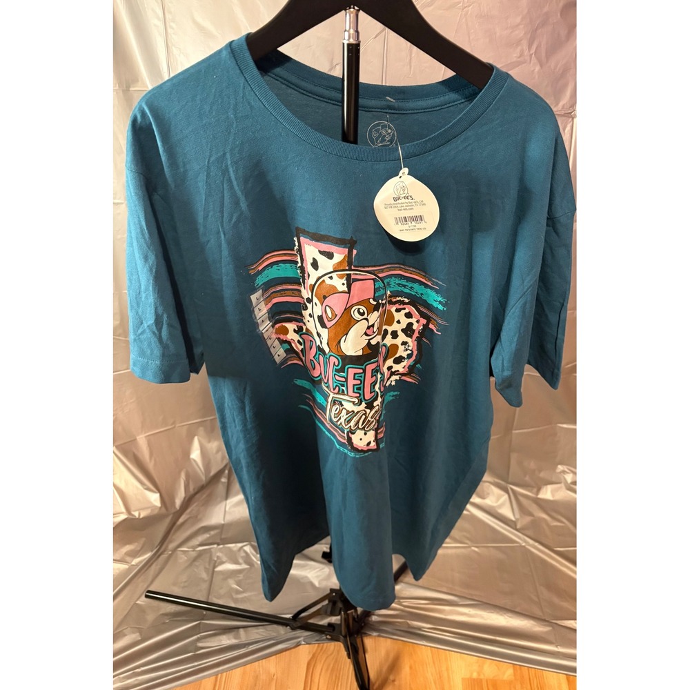 NWT Buc-ee's Texas Graphic T-Shirt Teal Cow Print Pink Retro Beaver Mascot Large